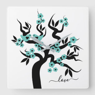 Teal, black Love birds cherry tree & blossoms Square Wall Clock