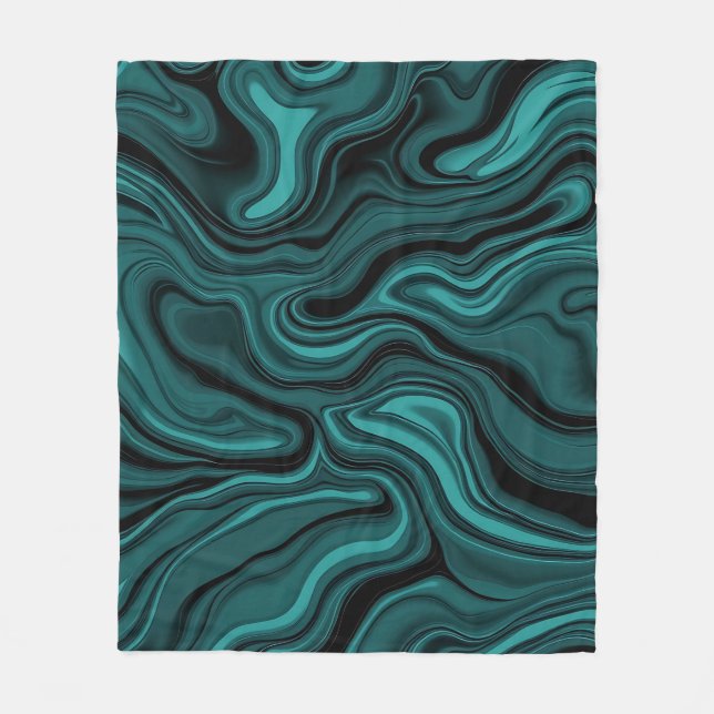 Teal Black Marble Swirl Abstract Liquid Wave  Fleece Blanket (Front)