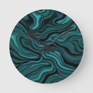 Teal Black Marble Swirl Abstract Liquid Wave  Round Clock