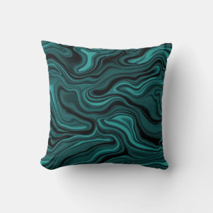 Teal Black Marble Swirl Abstract Liquid Wave  Throw Pillow