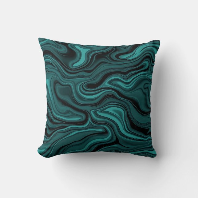 Teal Black Marble Swirl Abstract Liquid Wave  Throw Pillow (Front)