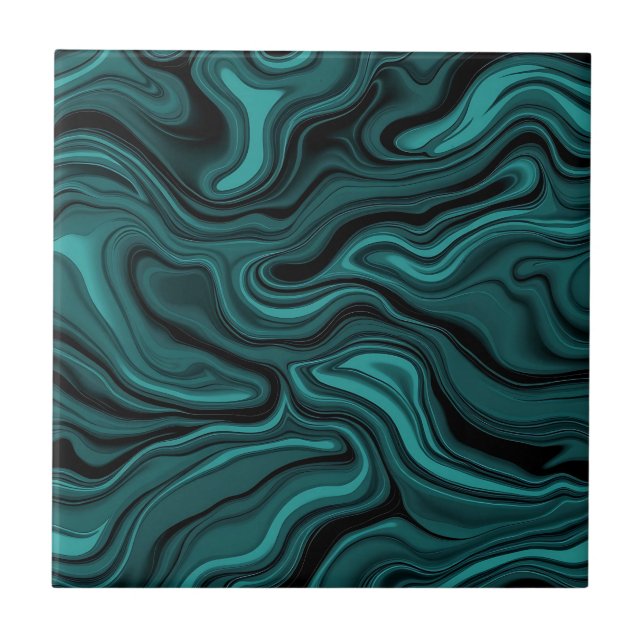 Teal Black Marble Swirl Abstract Liquid Wave  Tile (Front)