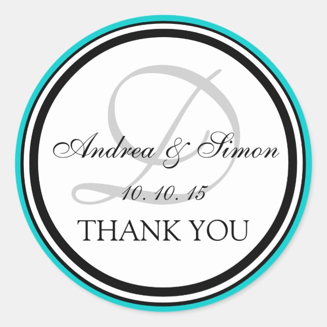 Teal Black Monogram D Wedding Thank You Classic Round Sticker (Front)