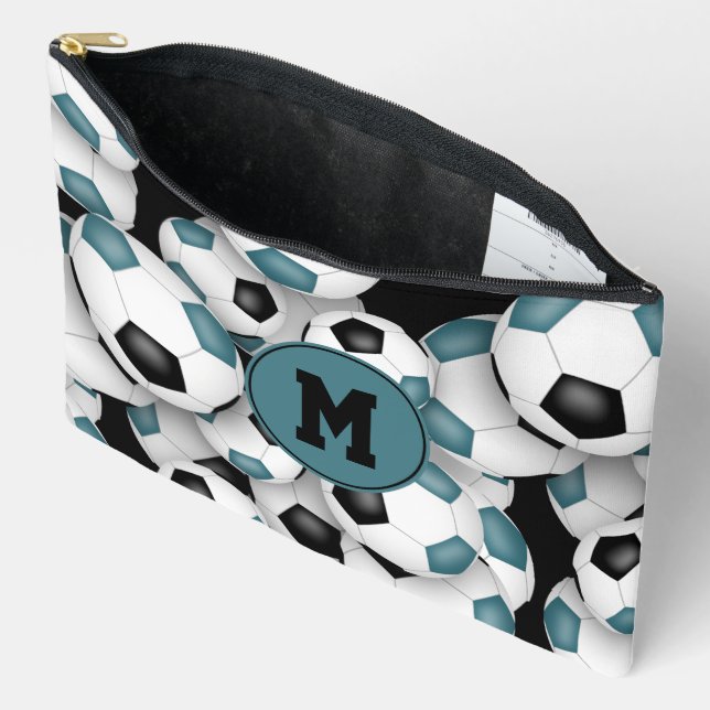 teal black monogrammed soccer balls pattern  accessory pouch (Open)