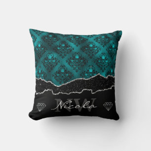 Teal & Black Ombre Glam Glitter Damask Monogram Throw Pillow