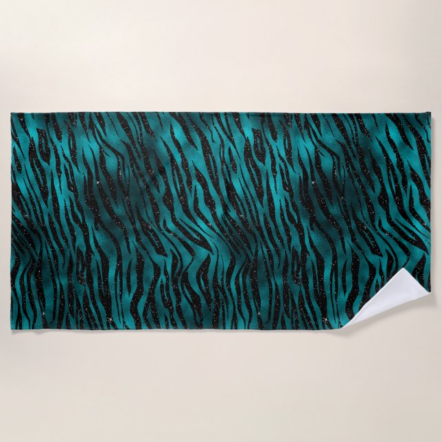Teal & Black Ombre Glam Glitter Tiger Stripes Beach Towel (Front)