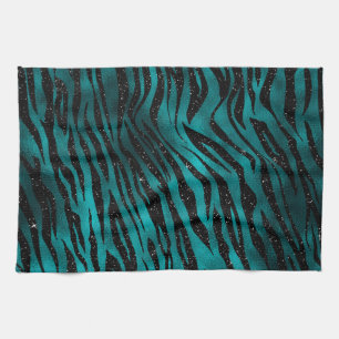 Teal & Black Ombre Glam Glitter Tiger Stripes Kitchen Towel