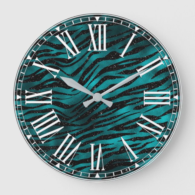 Teal & Black Ombre Glam Glitter Tiger Stripes Large Clock (Front)