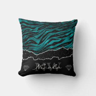 Teal & Black Ombre Glam Glitter Tiger Stripes Throw Pillow