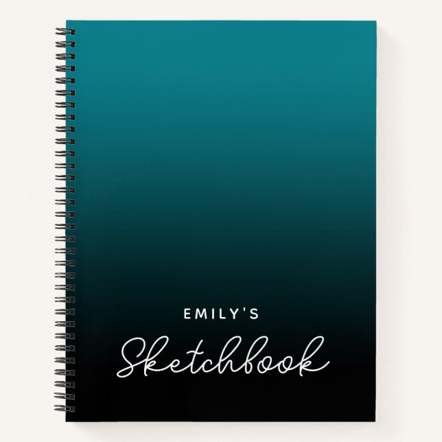 Teal Black Ombre Personalized Sketchbook Notebook (Front)