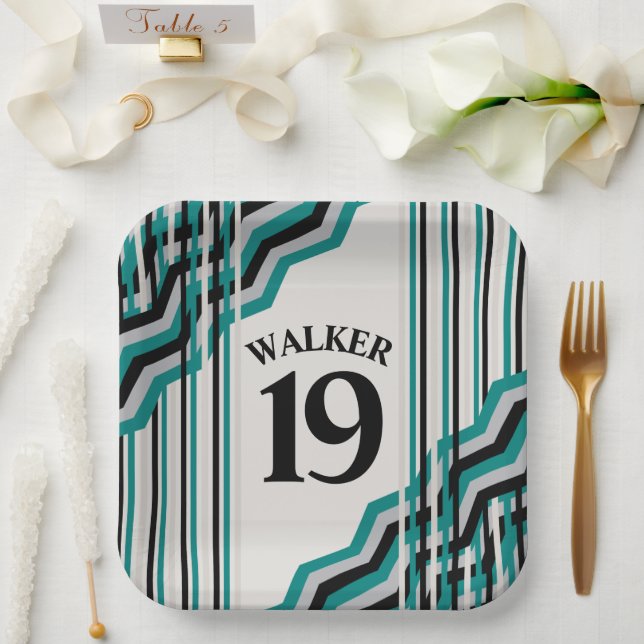 Teal & Black Personalized Paper Plate (Wedding)