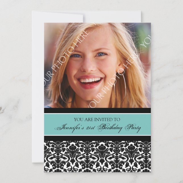 Teal Black Photo 21st Birthday Party Invitations (Front)