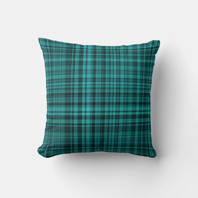 Teal Black Plaid Pattern Throw Pillow (Front)
