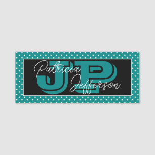 Teal Black Polka Dot Handwritten Monogram Name Tag