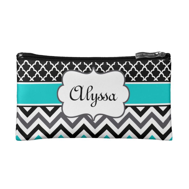 Teal Black Quatrefoil and Chevron Personalized Makeup Bag (Front)