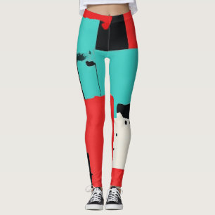 Teal, Black, Red & White Abstract Geometric Leggings