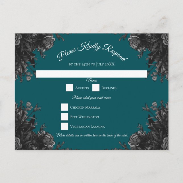 Teal Black Rose Gothic Wedding Reply Card (Front)