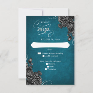 Teal Black Roses Wedding RSVP Card