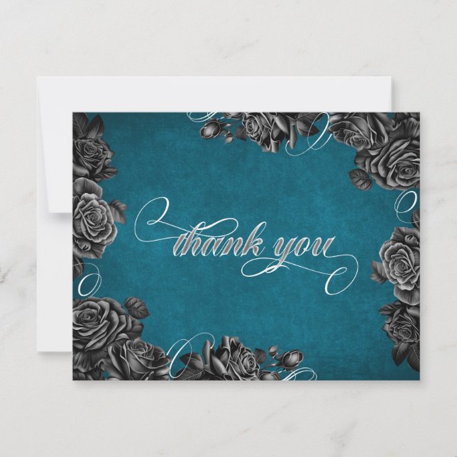 Teal Black Roses Wedding Thank You Card (Front)