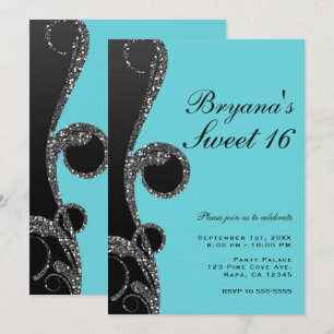 Teal & Black Silver Glitter Swirl Sweet 16 Party Invitation