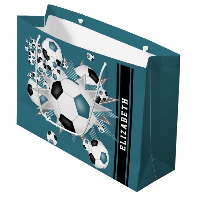 teal black soccer ball blowout personalized large gift bag (Front Angled)