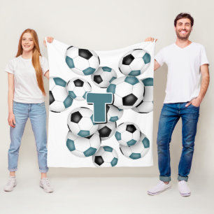 teal black soccer balls design with monogram fleece blanket