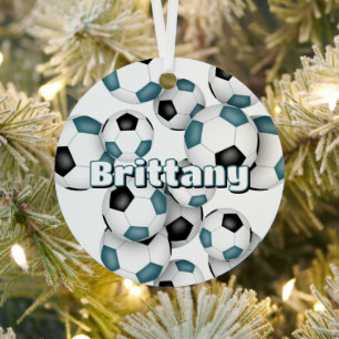teal black soccer balls sports keepsake metal ornament