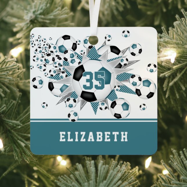 teal black soccer balls stars personalized  metal ornament (Insitu)