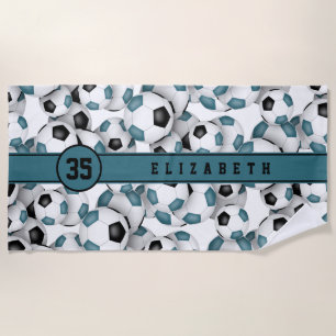 Teal black soccer pattern custom girls name beach towel