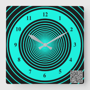 Teal Black Striped Wall Clock with Your QR Code