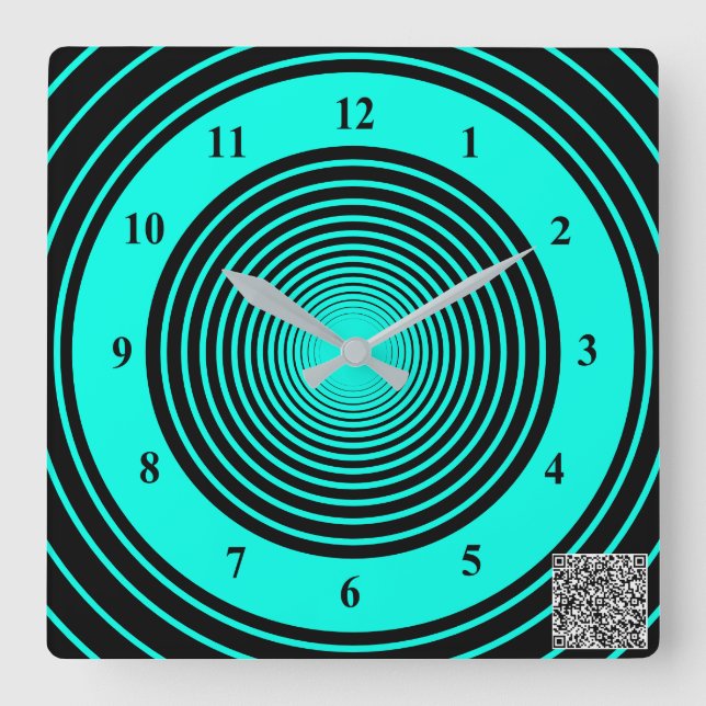 Teal Black Striped Wall Clock with Your QR Code (Front)