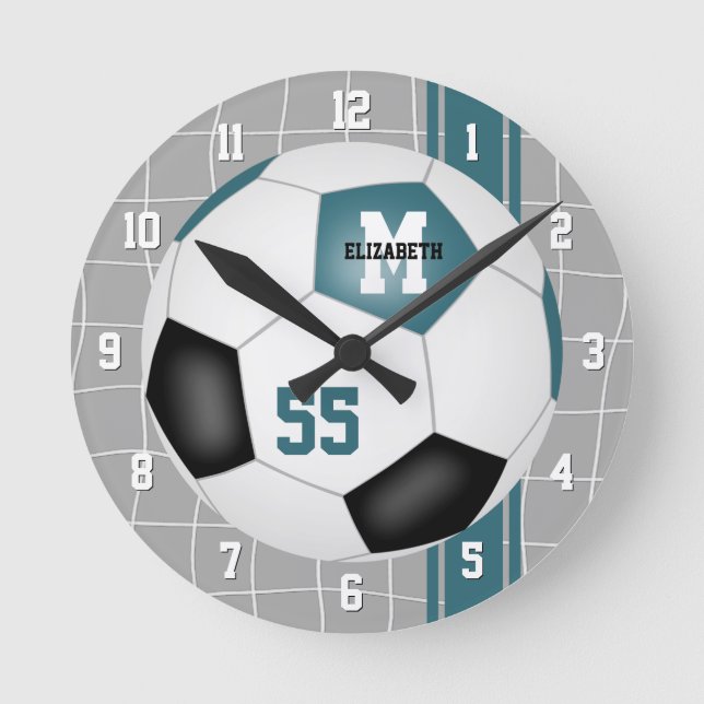 teal black team colors varsity stripes soccer round clock (Front)