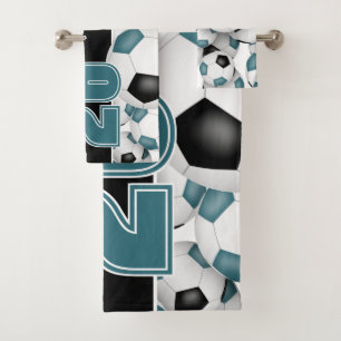 teal black team colours Lots of soccer balls sport Bath Towel Set