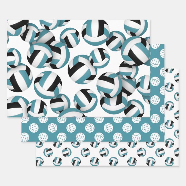 teal black team colours volleyballs set of 3 wrapping paper sheet (Set)