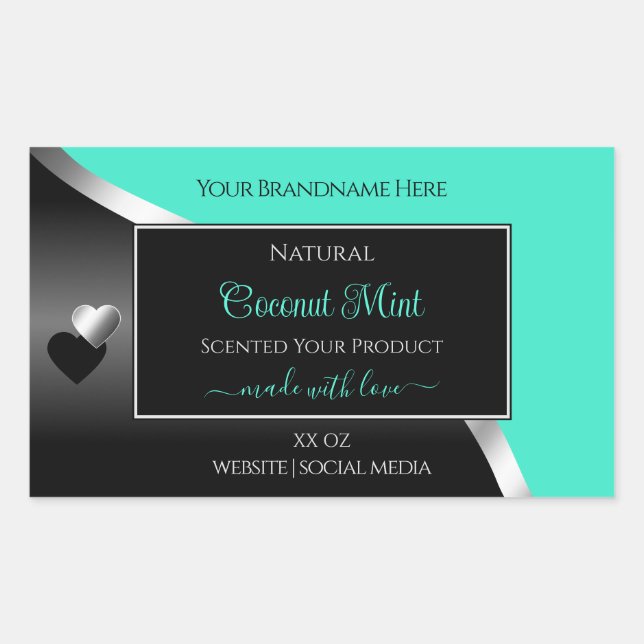 Teal Black Wavy Silver Cute Hearts Product Labels (Front)