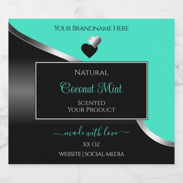 Teal Black Wavy Silver Cute Hearts Product Labels (Single Label)