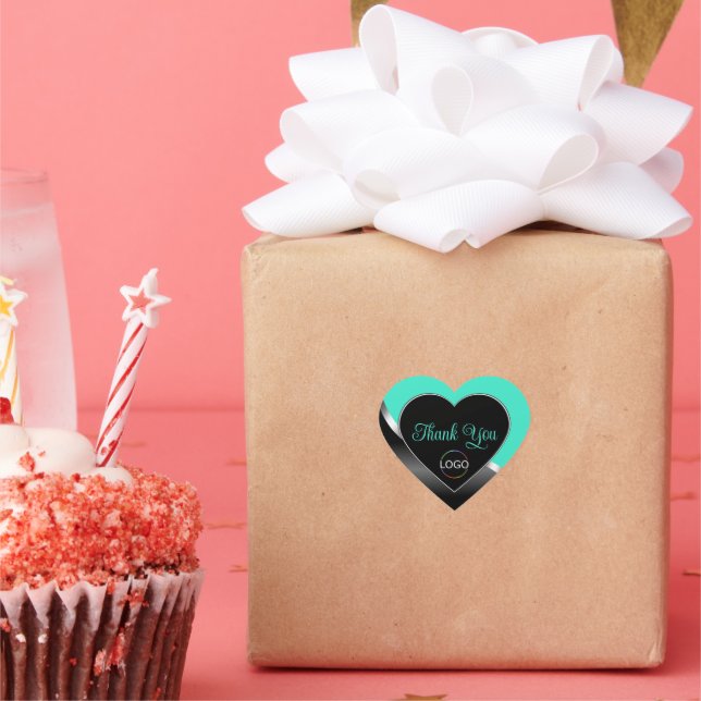 Teal Black Wavy Silver with Logo Cute Thank You Heart Sticker (Party)