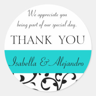 Teal, Black Wedding Favour Thank You Message Classic Round Sticker