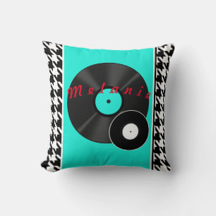 Teal black & white checkered 1950s vintage throw pillow