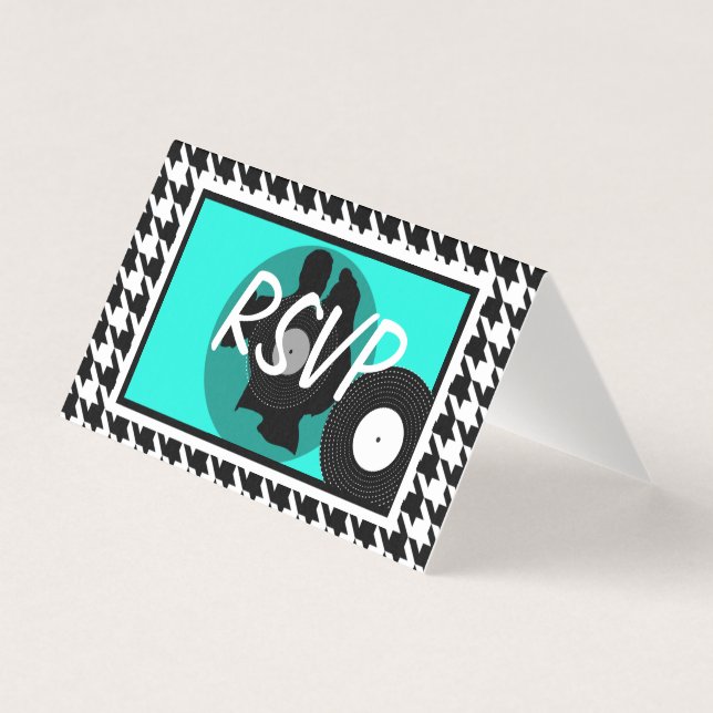 Teal, black & white chequered 1950s theme rsvp/ (Front)