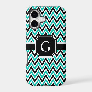 Teal Black White Chevron Pattern and Monogram