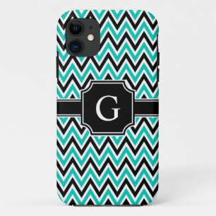Teal Black White Chevron Pattern and Monogram iPhone 11 Case