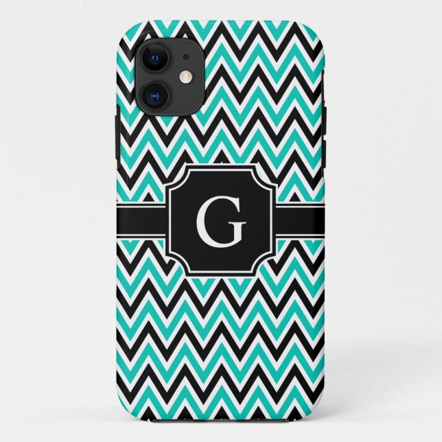 Teal Black White Chevron Pattern and Monogram Case-Mate iPhone Case (Back)