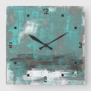 Teal Black White Grey abstract Square Wall Clock