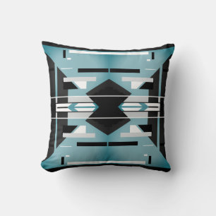 Teal Black White Grey Symmetrical Geometric Design Throw Pillow