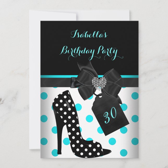 Teal Black White Heart Polka Dots Heels Birthday Invitation (Front)