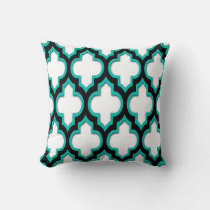 Teal Black White Moroccan Quatrefoil Pattern #4DS Throw Pillow