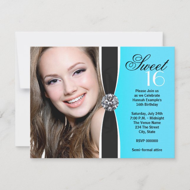 Teal Black White Photo Birthday Party Invitation (Front)