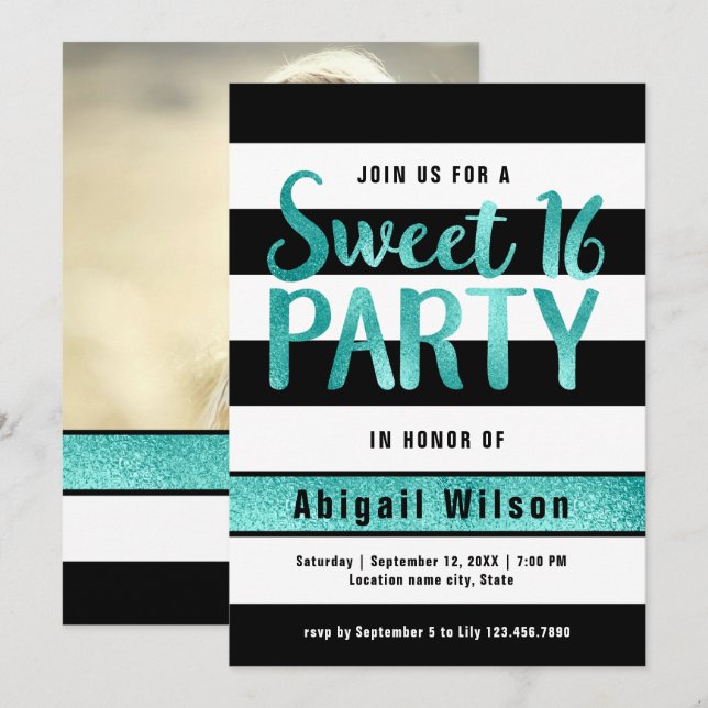 Teal black white sweet sixteen birthday party invitation (Front/Back)