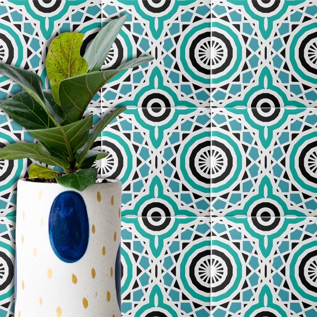 Teal Black & White Tribal Ethnic Geometric Pattern Tile (Creator Uploaded)